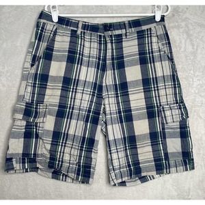 OT REVOLUTION Men's 34 Blue White Green Plaid 100% Cotton Cargo Pocket Shorts